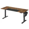 A standing desk with a wood-look desktop and black legs, featuring a fabric organizer attached to one leg. Produktbild-Vorschau