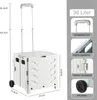A white foldable shopping cart with dimensions and feature callouts. Produktbild-Vorschau
