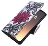 A flip-style phone case with a floral lace pattern, partially open to reveal a smartphone screen. Produktbild-Vorschau