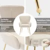 A collage of images showing details of a beige upholstered chair with gold legs. Produktbild-Vorschau