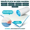 A rolled-up mattress topper is shown on top of an unrolled mattress topper, with text overlays highlighting features and available sizes. Produktbild-Vorschau