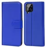 A blue flip case for a smartphone is shown, with the phone inside on the right and the case closed on the left.