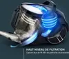 A close-up marketing image of a vacuum cleaner, showing the internal filtration system with blue and white light effects. Produktbild-Vorschau