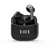A pair of black wireless earbuds in a black charging case with a digital display. Produktbild-Vorschau