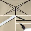 A collage of close-up images showing the details of a beige umbrella, including its frame, fabric, and connecting parts. Produktbild-Vorschau