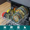 A dishwasher rack filled with colorful, patterned plates and bowls. Náhled obrázku produktu