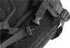 A close-up view of the straps and buckles of a black backpack. Produktbild-Vorschau