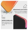 A close-up marketing image showing two features of a phone case: shock resistance and raised edges. Podgląd zdjęcia produktu