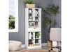 A white bookshelf filled with decorative items and books, placed in a room with a window and a plant. Náhľad obrázku produktu