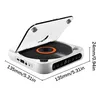 A white portable CD player with a transparent lid open, showing a black CD with orange accents. Dimensions are indicated with text overlays. Produktbild-Vorschau
