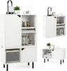 A collage of images showing a white modular bookshelf with black legs, displayed in different configurations and angles. Produktbild-Vorschau