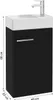 A black bathroom cabinet with a white sink and a silver faucet, with dimensions indicated. Náhled obrázku produktu
