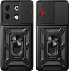 Two views of a black smartphone case with a sliding camera cover and a ring stand. Produktbild-Vorschau