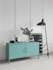 A teal metal cabinet with two doors and two drawers, placed against a white paneled wall. A floor lamp with a black shade stands to the right of the cabinet, and a framed abstract artwork is behind it. A vase with greenery and a smartphone are on top of th Voir les images du produit