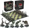 A Jurassic Park themed chess set with dinosaur figures is displayed on a chessboard, with its packaging in the background. Podgląd zdjęcia produktu