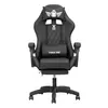 A black gaming chair with a headrest and lumbar pillow, shown from the front on a white background. Produktbild-Vorschau