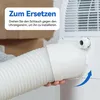 A person is attaching a white flexible hose to a white appliance, likely an air conditioner, with instructions in German overlaid on the image. Produktbild-Vorschau