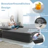 A woman is using a laptop on an inflatable air mattress with armrests and a backrest. Inset images show a drink holder and a close-up of the valve mechanism, as well as a man relaxing on the air mattress. Produktbild-Vorschau