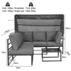 A diagram showing the dimensions of a garden sofa set with a canopy and a table. Produktbild-Vorschau