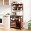 A kitchen scene featuring a multi-tiered shelving unit with various kitchen items, including a microwave, jars, bottles, and a wine rack. Produktbild-Vorschau