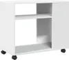 A white wooden side table with wheels. Podgląd zdjęcia produktu