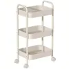 A white three-tier rolling cart with handles and wheels, isolated on a white background.