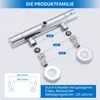 A disassembled shower faucet with various parts and connection sizes labeled, along with a diagram showing adjustable mounting hole distances. Podgląd zdjęcia produktu