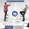 A split image comparing a safe ladder with handrails to an unsafe ladder, with text overlays highlighting safety features. Produktbild-Vorschau