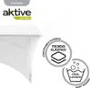A white table cover is shown draped over a table, with marketing graphics indicating features. Produktbild-Vorschau