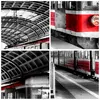 A collage of four images showing different perspectives of a train at a station, with a focus on the train's red and gray exterior and the station's architecture. Produktbild-Vorschau