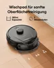 A black robot vacuum cleaner is shown on a wooden floor with water droplets indicating cleaning action. Text overlays describe features. Anteprima dell’immagine prodotto
