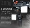 A smartphone gimbal stabilizer with attached accessories like lights and a microphone, set against a dark, smoky background with text overlays highlighting product features. Produktbild-Vorschau