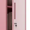 Close-up of a pink metal cabinet with books on a shelf and a key in the lock. Podgląd zdjęcia produktu
