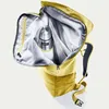 An open yellow backpack with a silver thermos inside. Produktbild-Vorschau