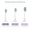Three different toothbrush heads are displayed side-by-side, each with a label indicating its purpose. Produktbild-Vorschau