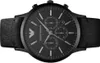 A close-up, studio shot of a black Emporio Armani chronograph watch with a black leather strap. Produktbild-Vorschau