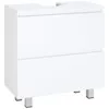 A white bathroom vanity cabinet with two drawers and silver legs, shown against a white background. Voir les images du produit