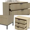 A collage of images showing different views of a wooden chest of drawers with black handles and legs. Náhled obrázku produktu
