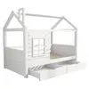 A white house-shaped bed frame with two drawers underneath, shown against a white background. Podgląd zdjęcia produktu