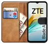 A book-style phone case with a ZTE Blade A53+ phone inside, showing cards and euro banknotes in the case's slots. Produktbild-Vorschau