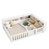 A white daybed with built-in shelving and a slatted railing, shown from a slightly elevated diagonal angle against a white background. It is dressed with bedding and several pillows, and a stuffed animal is placed on the bed. Anteprima dell’immagine prodotto