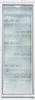 A full-frame, front-facing shot of a white glass-door refrigerator with shelves inside holding clear glass bottles. Produktbild-Vorschau