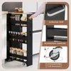 A person is pulling a narrow kitchen cart with shelves filled with jars and containers out from between kitchen cabinets. Produktbild-Vorschau