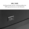 A close-up of a black switch on a black surface, with German text describing its function. Produktbild-Vorschau