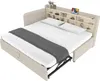 A beige upholstered daybed with a built-in bookshelf headboard, made up with white bedding and a gray throw blanket. Podgląd zdjęcia produktu