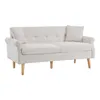 A cream-colored sofa with wooden legs and two throw pillows, presented against a white background. Anteprima dell’immagine prodotto