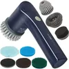 A dark blue electric cleaning brush with multiple attachments displayed around it. Produktbild-Vorschau