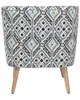 A back view of an upholstered ottoman with a geometric pattern and wooden legs, isolated on a white background. Náhled obrázku produktu