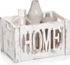 A decorative wooden crate with the word HOME cut out of the front, containing three vases. Produktbild-Vorschau