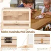 A wooden hamster cage with accessories, shown with children interacting with a hamster. Náhľad obrázku produktu
